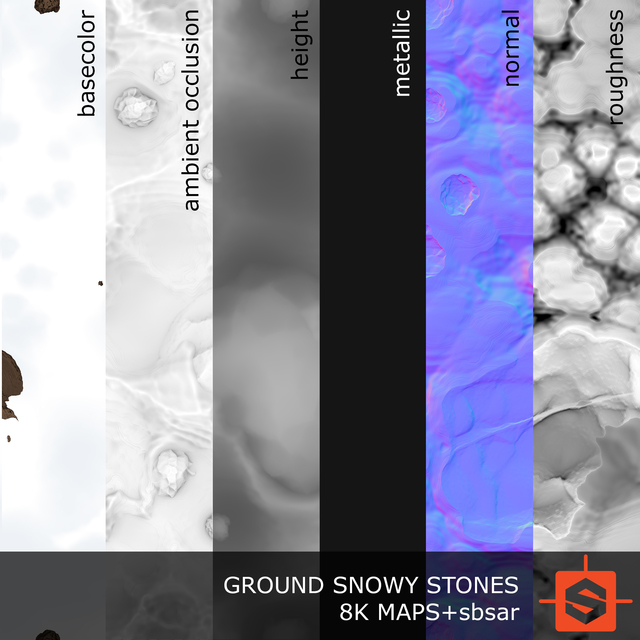 PBR substance material of ground snowy stones created in substance designer for graphic designers and game developers