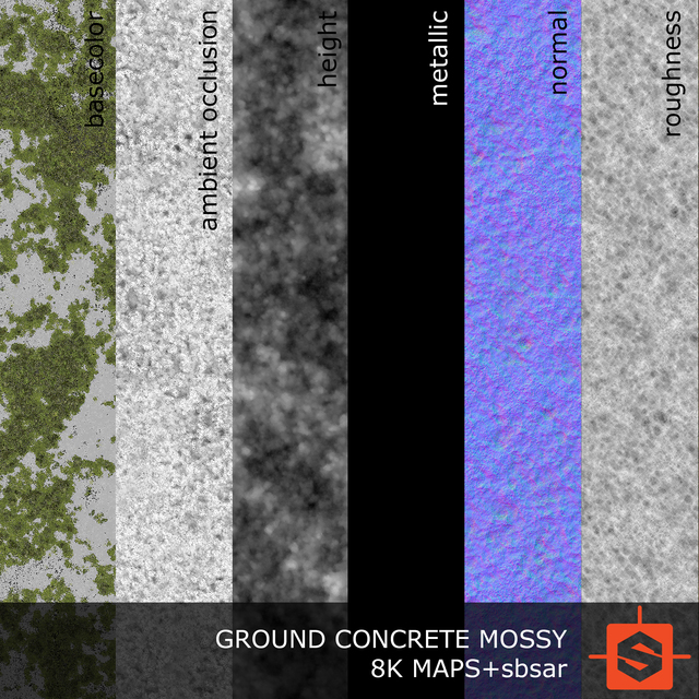 PBR substance material of ground concrete mossy created in substance designer for graphic designers and game developers