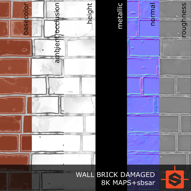 PBR substance material of wall brick damaged created in substance designer for graphic designers and game developers.