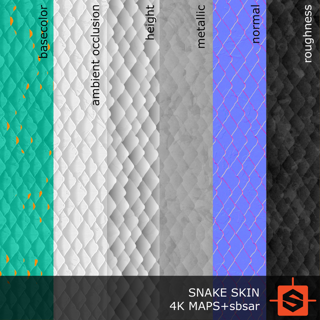 PBR substance material of snake skin created in substance designer for graphic designers and game developers